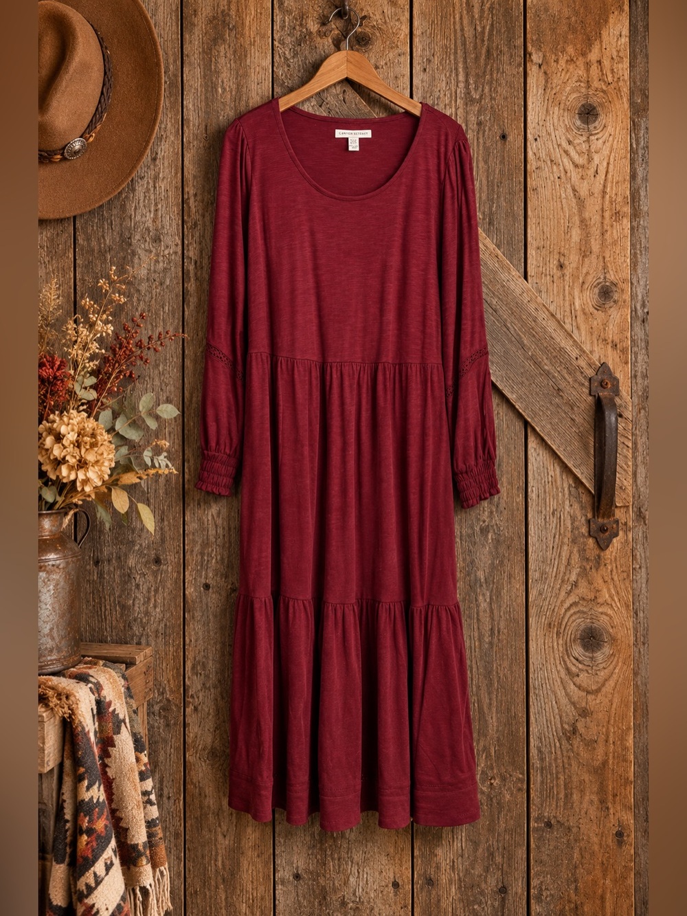 Canyon Retreat 1X Mulberry Rayon Cotton Linen Tiered Midi Boho Dress